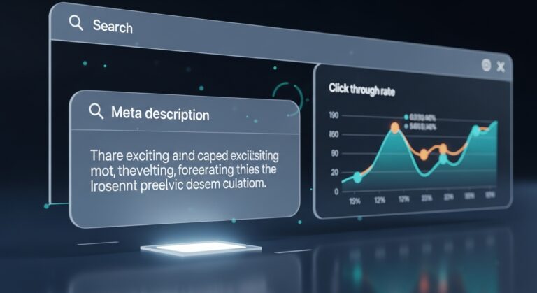 A digital interface showing a search engine result with an optimized meta description and rising CTR graphs.