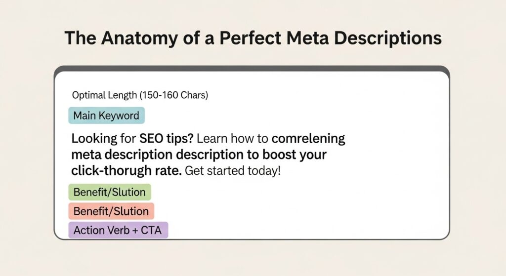 Infographic showing the anatomy of a perfect meta description, including length, keyword, benefits, and call-to-action.