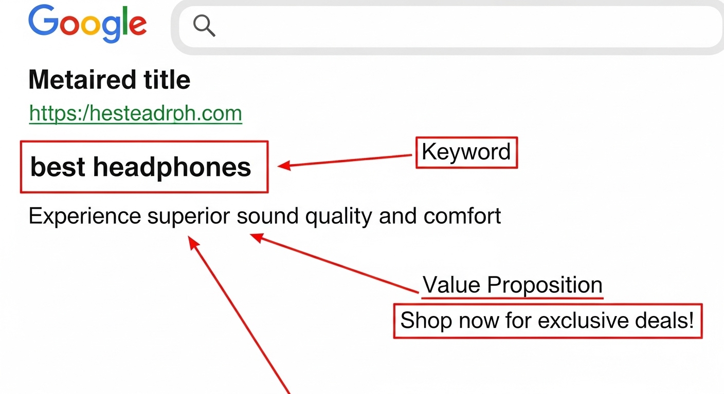 Screenshot of a Google search result with the meta description highlighted in a red box, showing its key components.